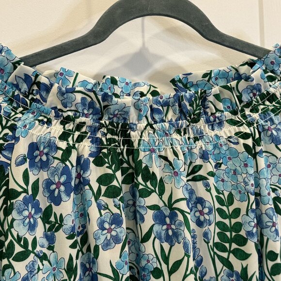 NWT Talbots L Floral Blouse Blue Green Long Sleeve Ruffle Collar Classic Preppy - Picture 3 of 8